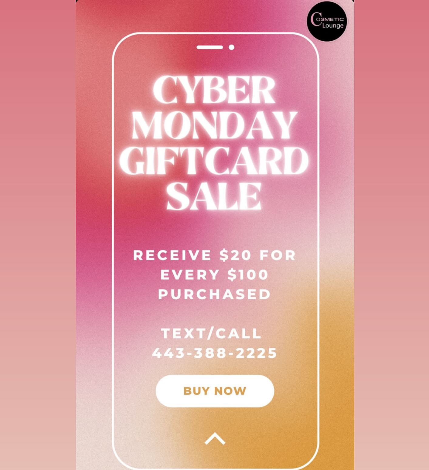Do not miss out on our biggest sale ! 

Call or text us Monday from 10-5 pm! 

443-388-2225
#cybermondaysale #giftcards #cosmeticloungemd